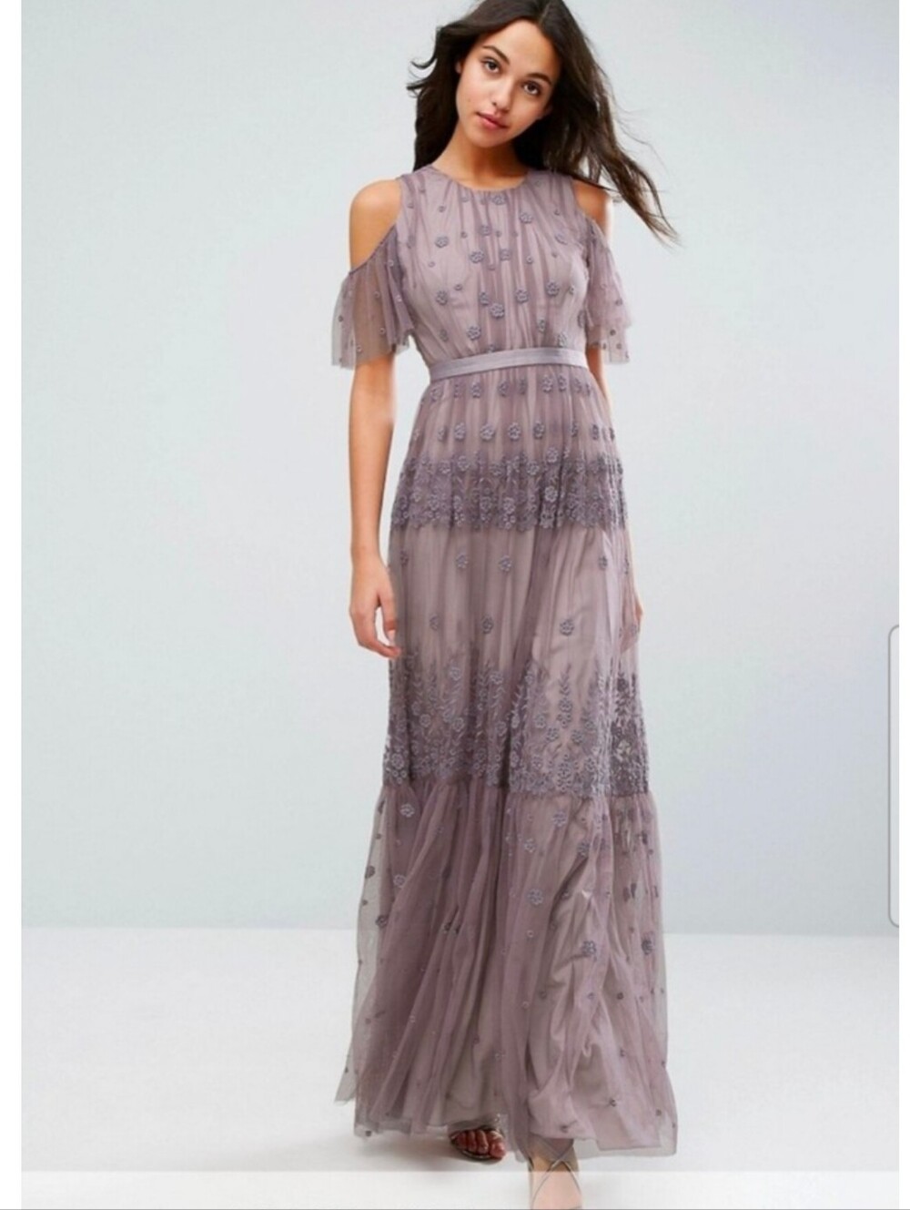 Needle & Thread Mauve Lace Embroidered Maxi Dress Sz 6 Mesh Romantic Guest